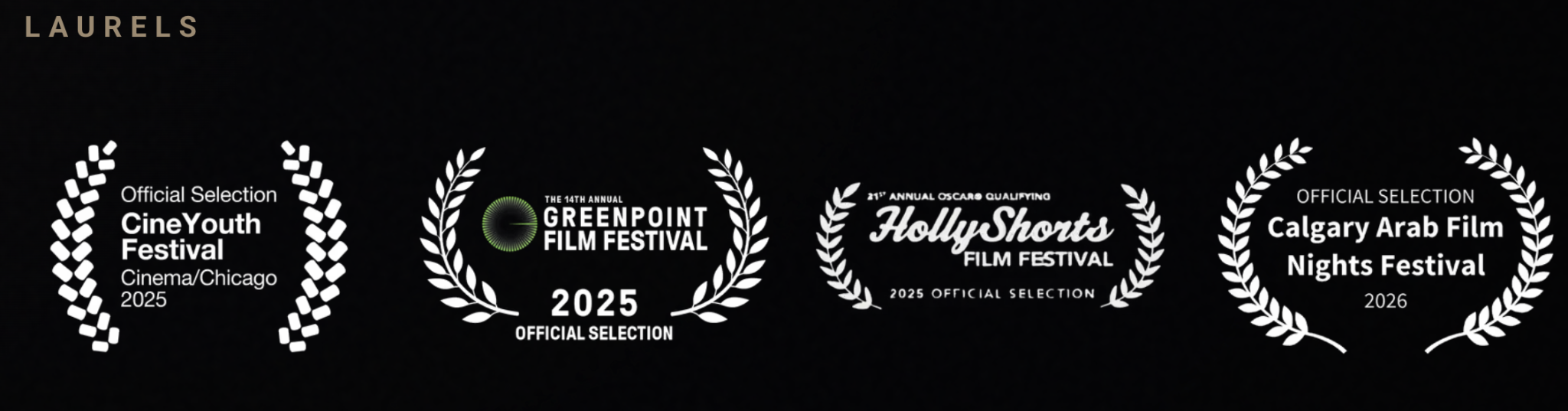 Mixed Signals official selection laurels: CineYouth 2025, Greenpoint Film Festival 2025, HollyShorts 2025 and Calgary Arab Film Nights Festival 2026